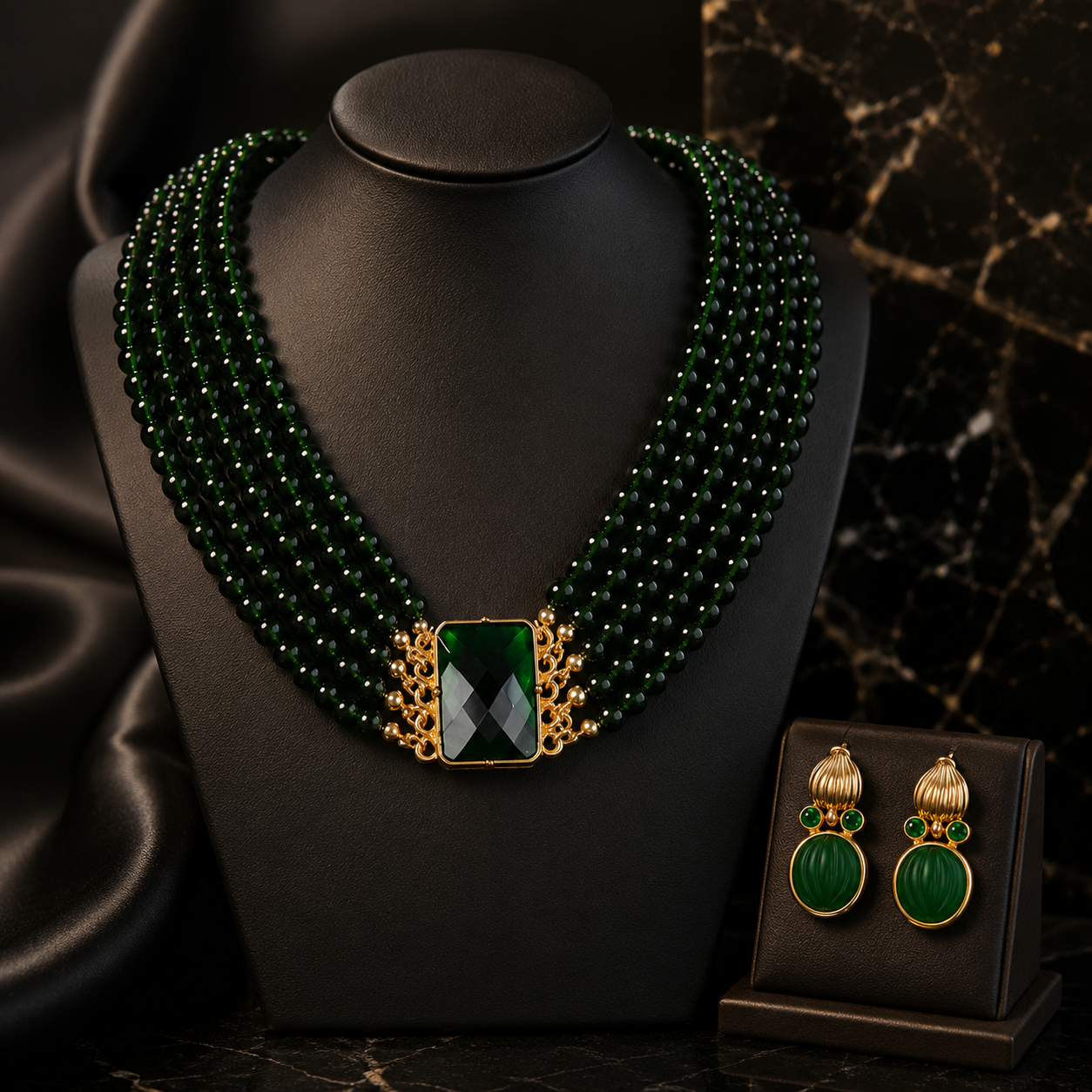 Vintage Gold Tone Green Stone Necklace and Earrings Jewelry Set