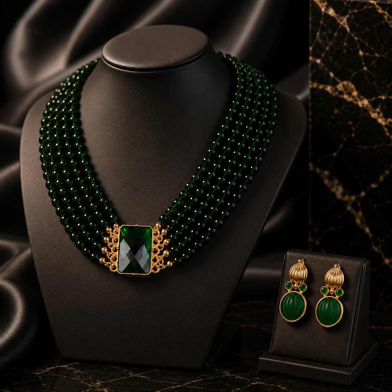 Vintage Gold Tone Green Stone Necklace and Earrings Jewelry Set