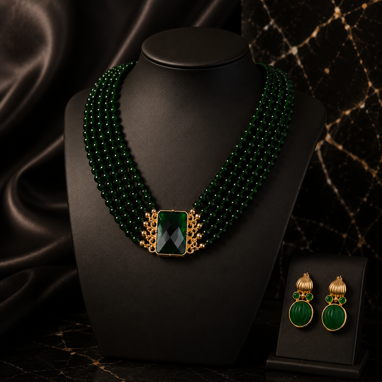 Vintage Gold Tone Green Stone Necklace and Earrings Jewelry Set