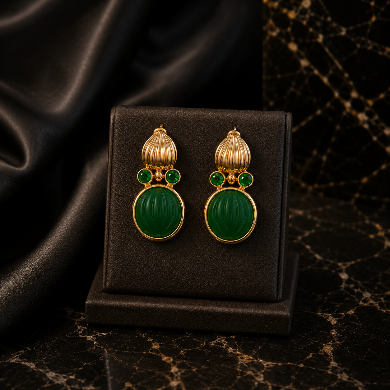 Vintage Gold Tone Green Stone Necklace and Earrings Jewelry Set