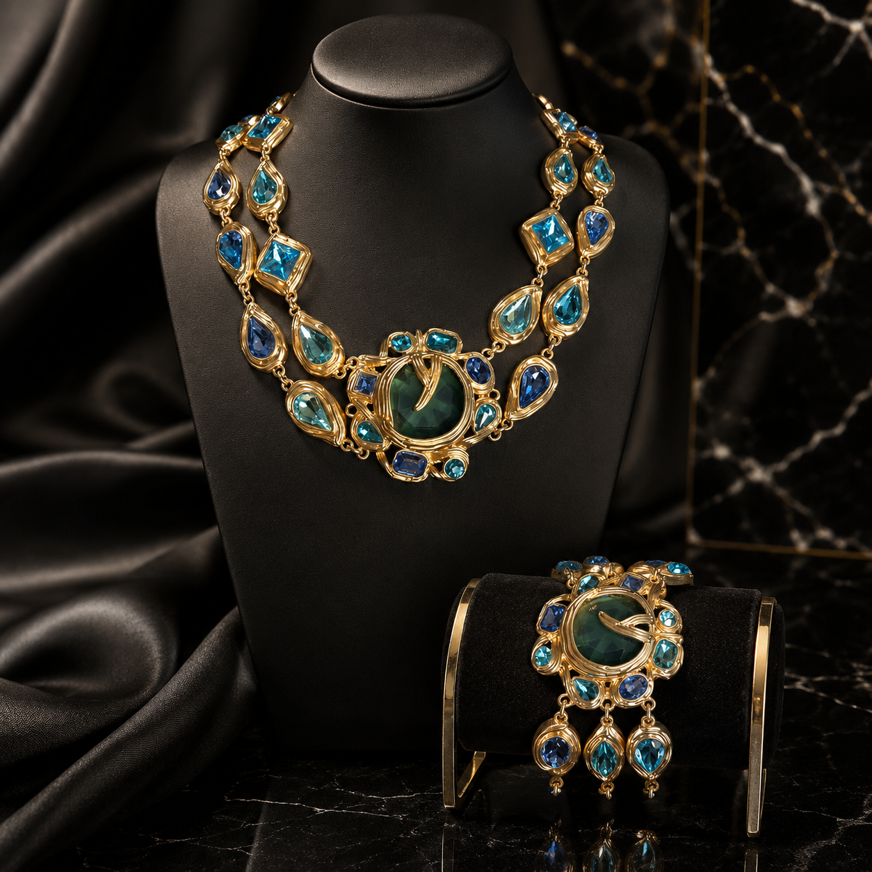 Parure de bijoux collier et bracelet en pierres précieuses de luxe bleu-vert