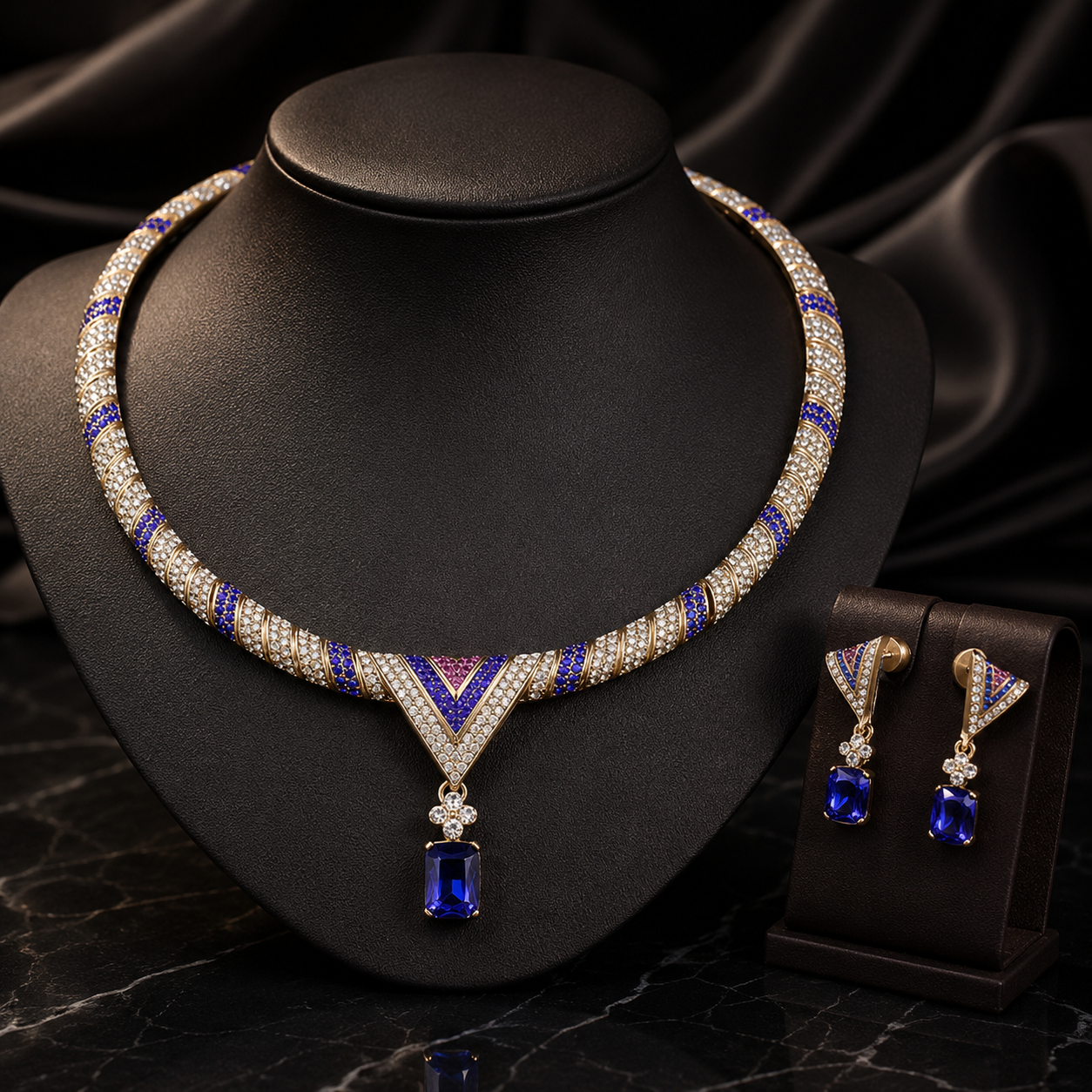 Luxury Sapphire Blue Crystal Necklace and Earrings Jewelry Set