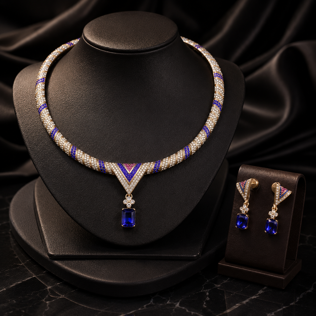 Luxury Sapphire Blue Crystal Necklace and Earrings Jewelry Set