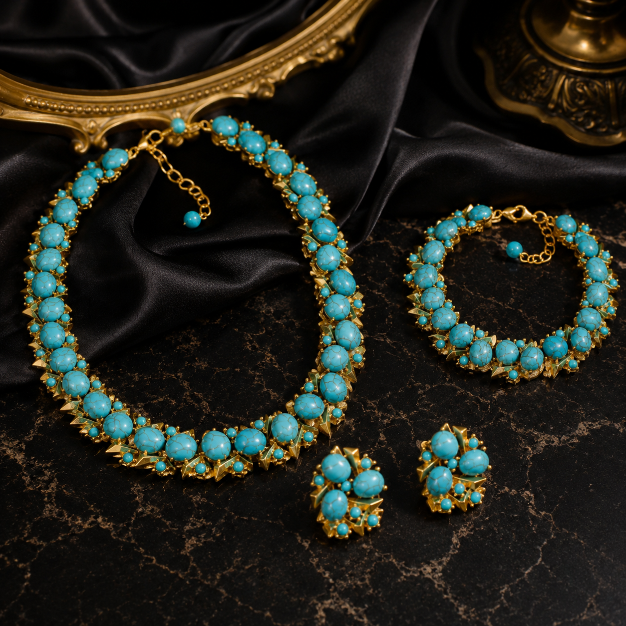 Luxury Turquoise Beaded Necklace Earrings Bracelet Jewelry Set