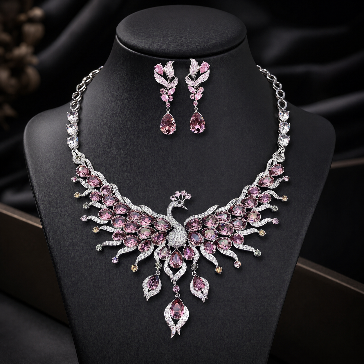 Parure Collier Boucles d'Oreilles Paon Entièrement Ornée de Diamants et Pierres Précieuses Colorées