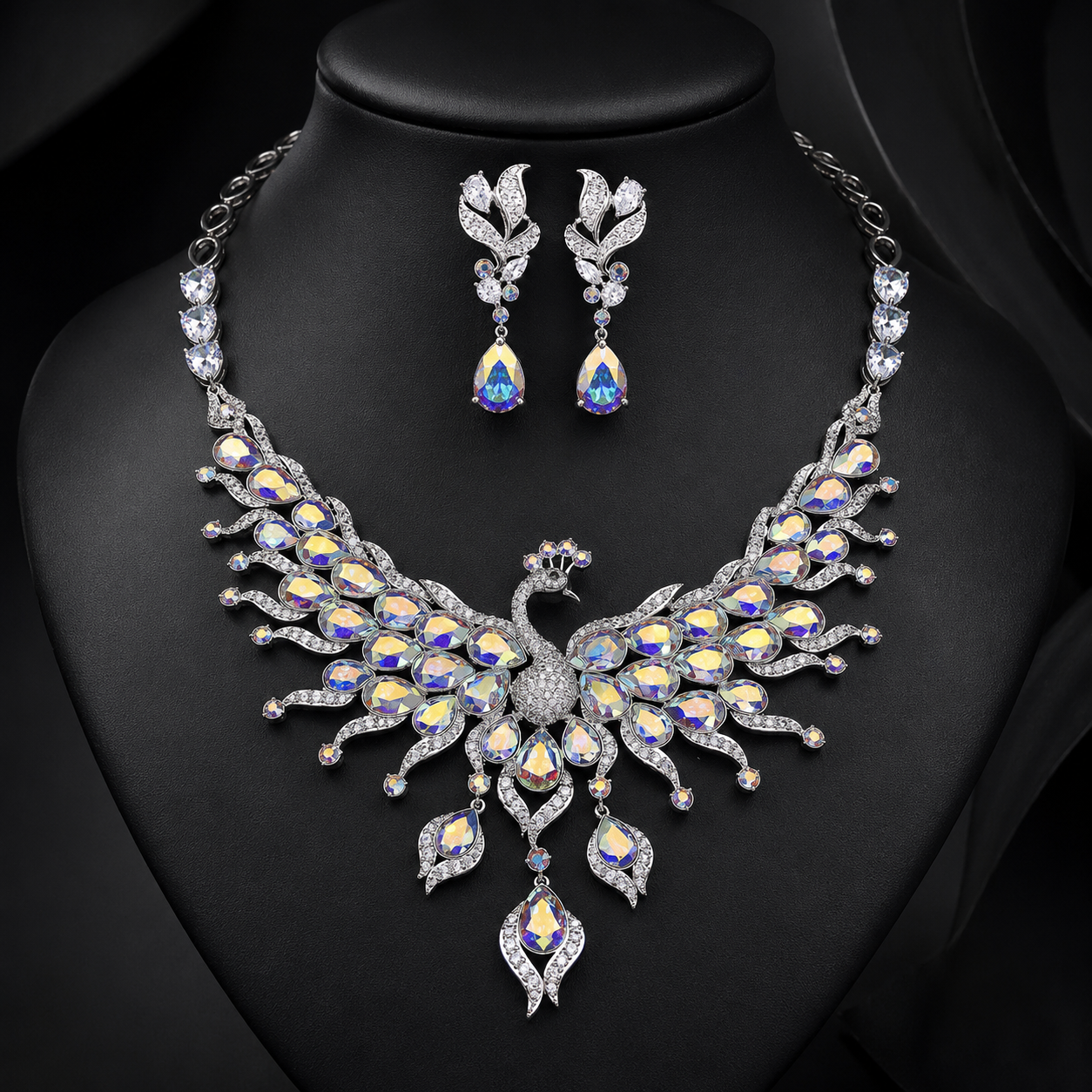 Parure Collier Boucles d'Oreilles Paon Entièrement Ornée de Diamants et Pierres Précieuses Colorées