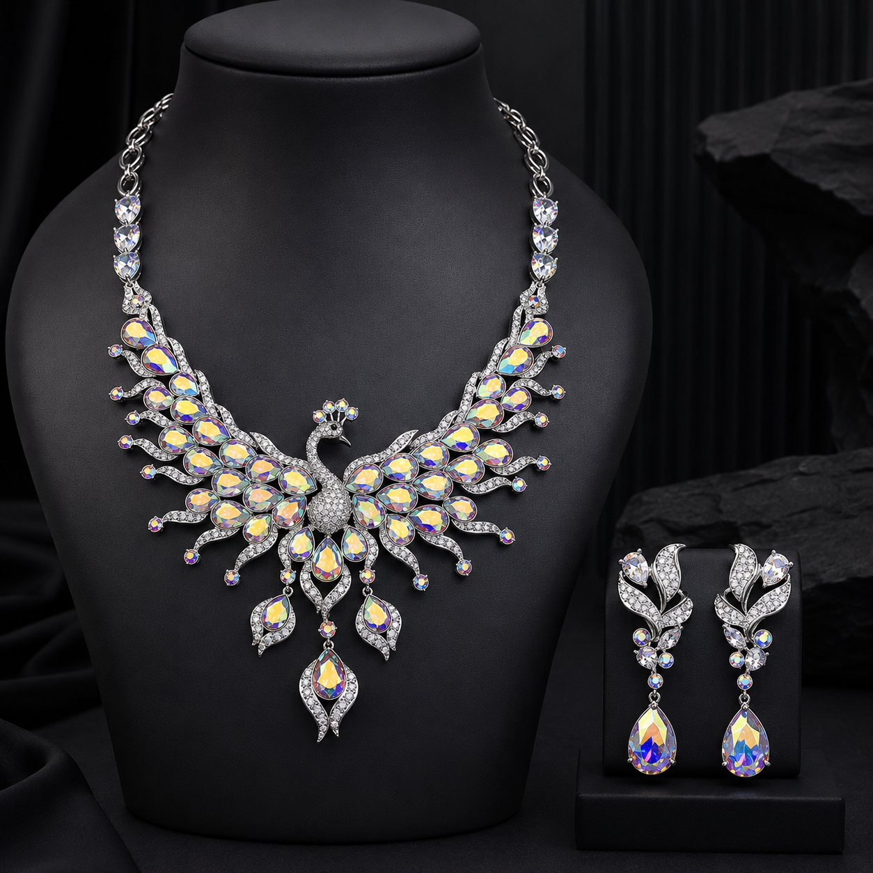 Parure Collier Boucles d'Oreilles Paon Entièrement Ornée de Diamants et Pierres Précieuses Colorées
