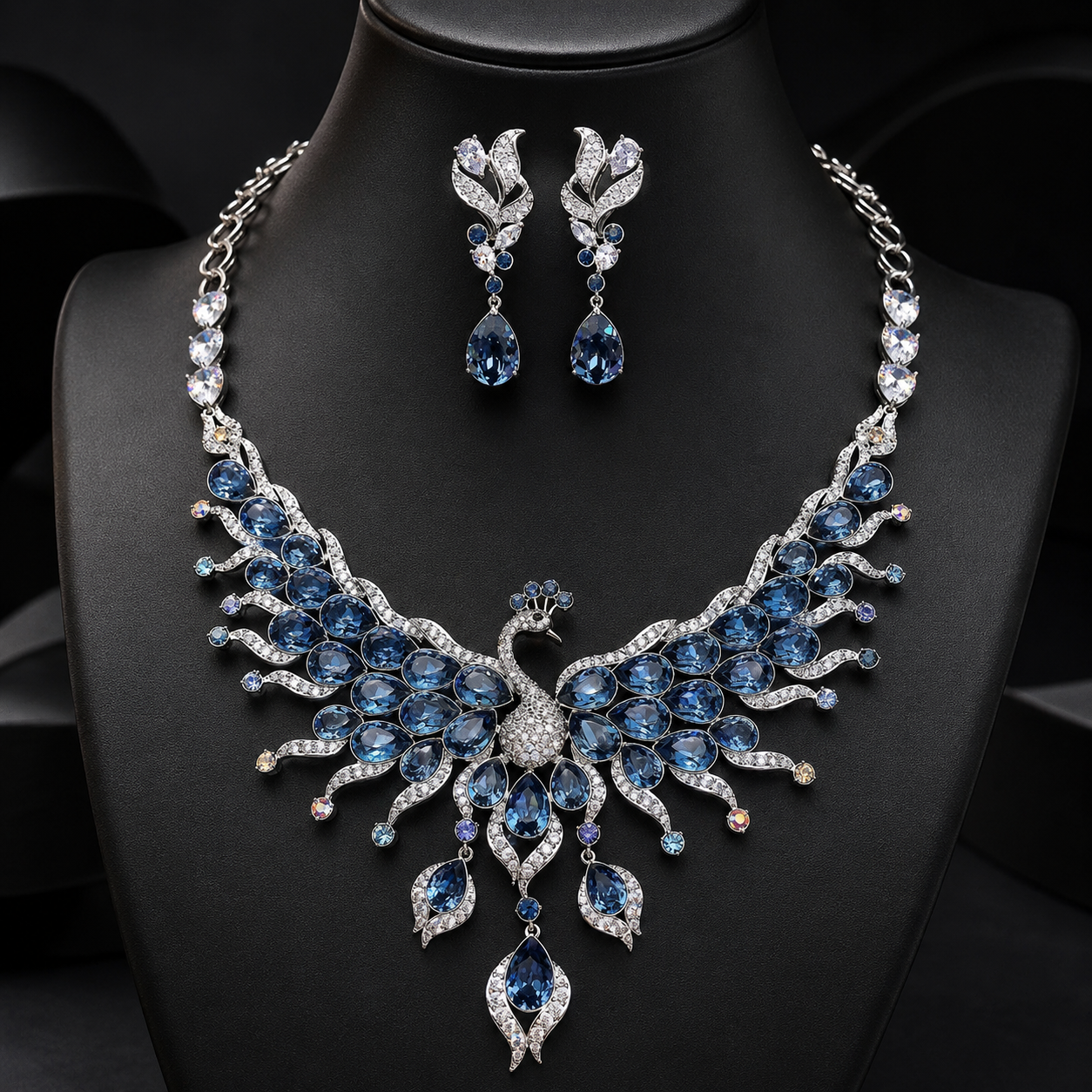 Parure Collier Boucles d'Oreilles Paon Entièrement Ornée de Diamants et Pierres Précieuses Colorées