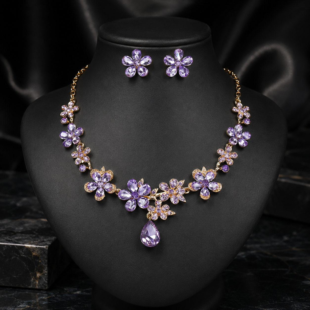 Vintage Kristall Blumen Halskette Ohrringe Set