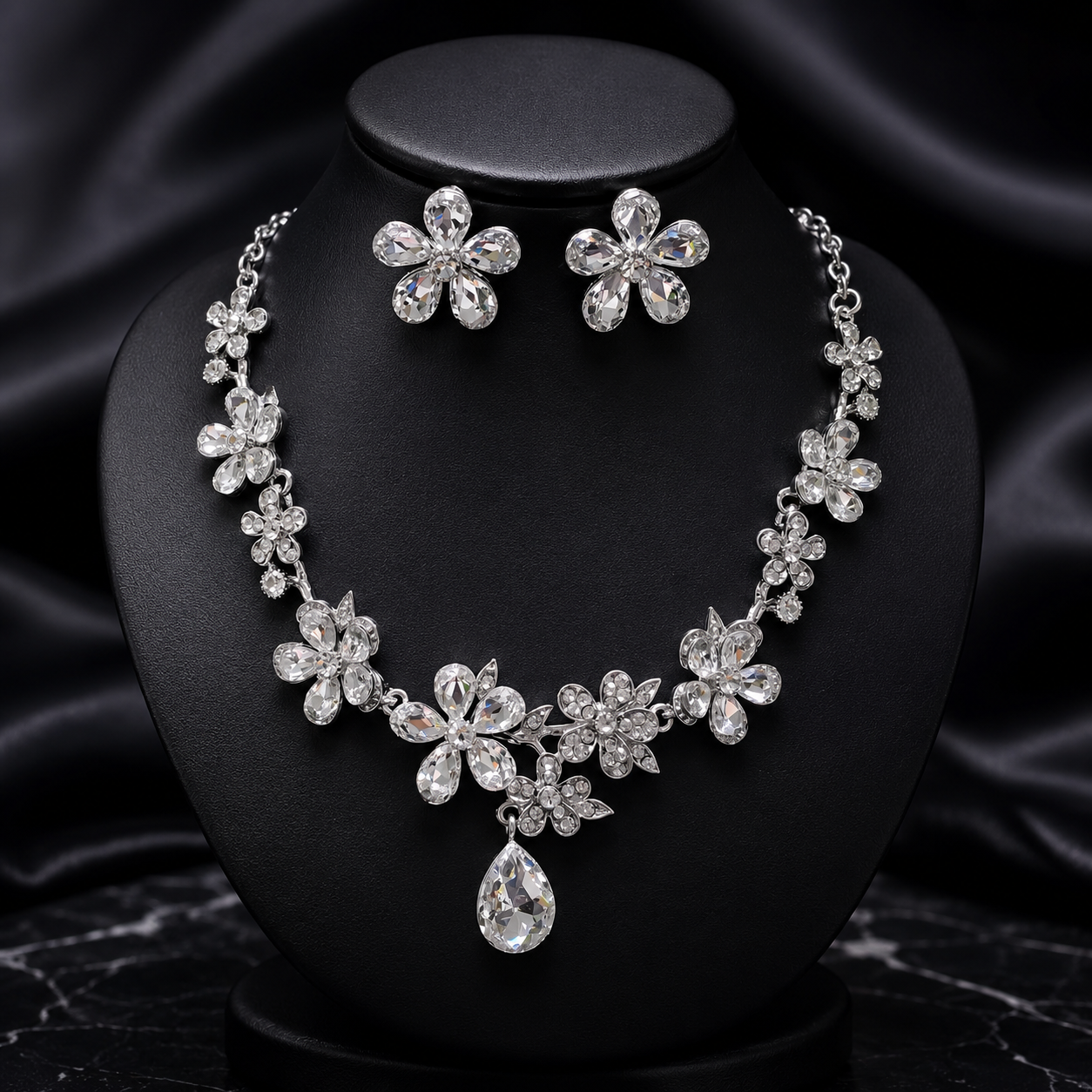 Vintage Kristall Blumen Halskette Ohrringe Set