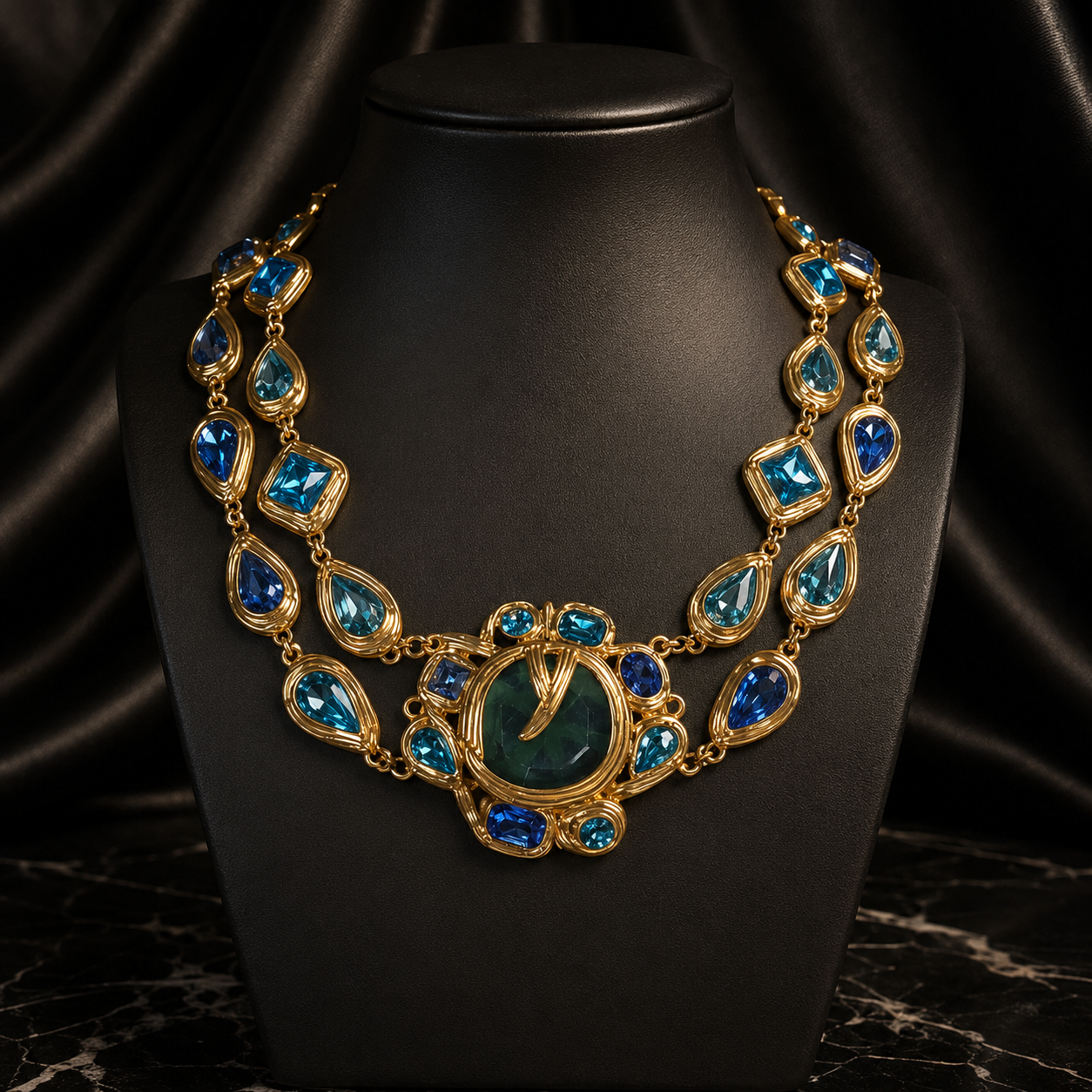 Luxury Peacock Blue Green Crystal Necklace and Bracelet Jewelry Set