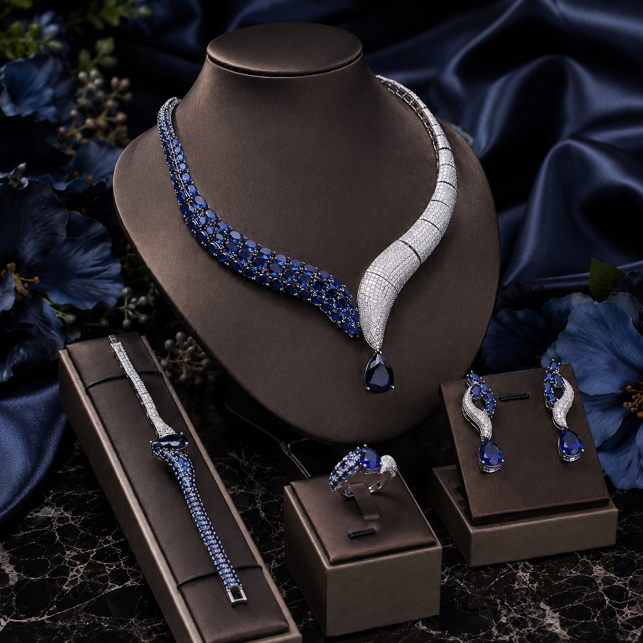 Luxury Teal Blue Crystal Pearl Jewelry Set for Evening Wear