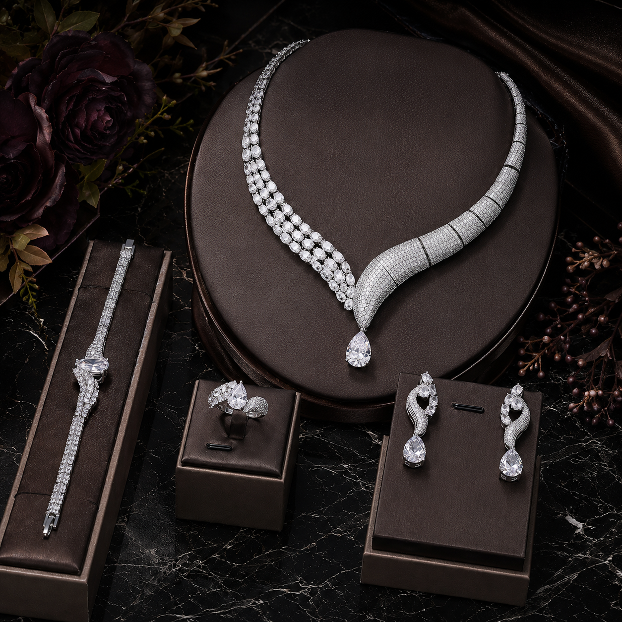 Luxury Teal Blue Crystal Pearl Jewelry Set for Evening Wear