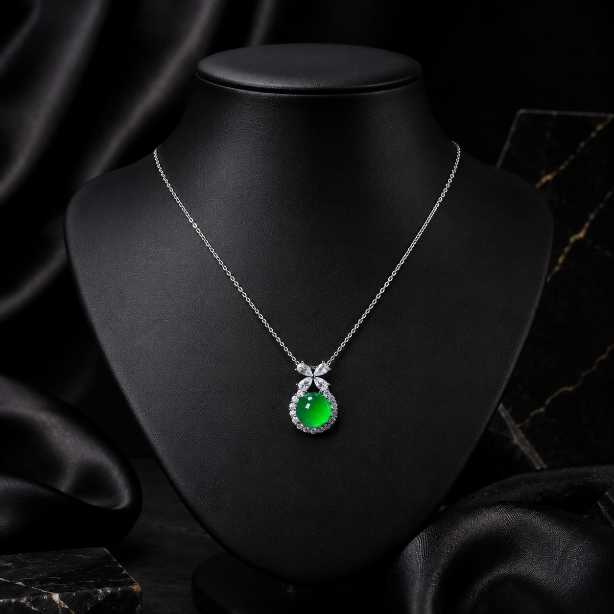 Jade Bow Round Pendant Necklace for Women Elegant Green Gem Jewelry
