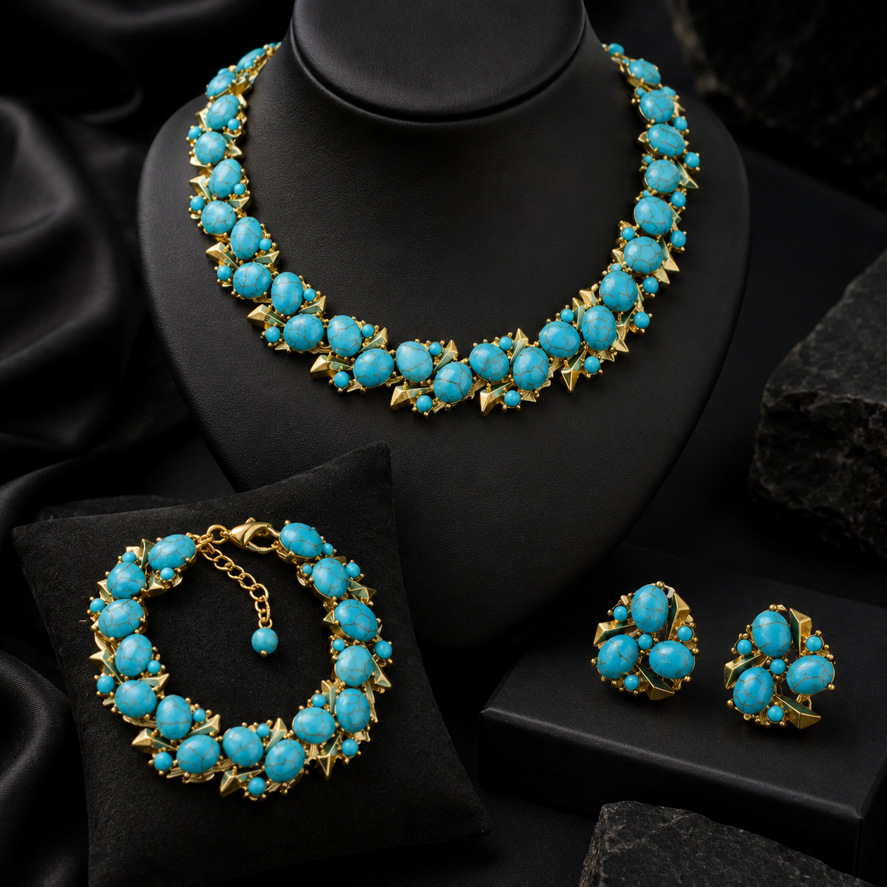 Parure de bijoux de luxe Collier Boucles d'oreilles Bracelet Perles Turquoise