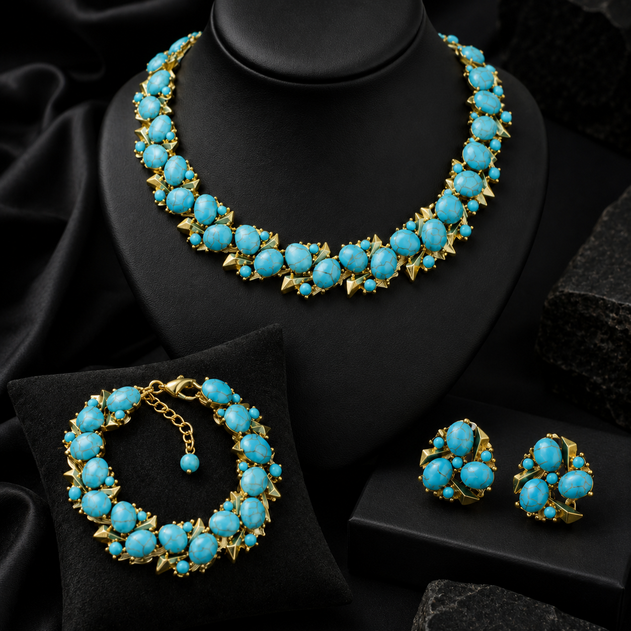 Parure de bijoux de luxe Collier Boucles d'oreilles Bracelet Perles Turquoise