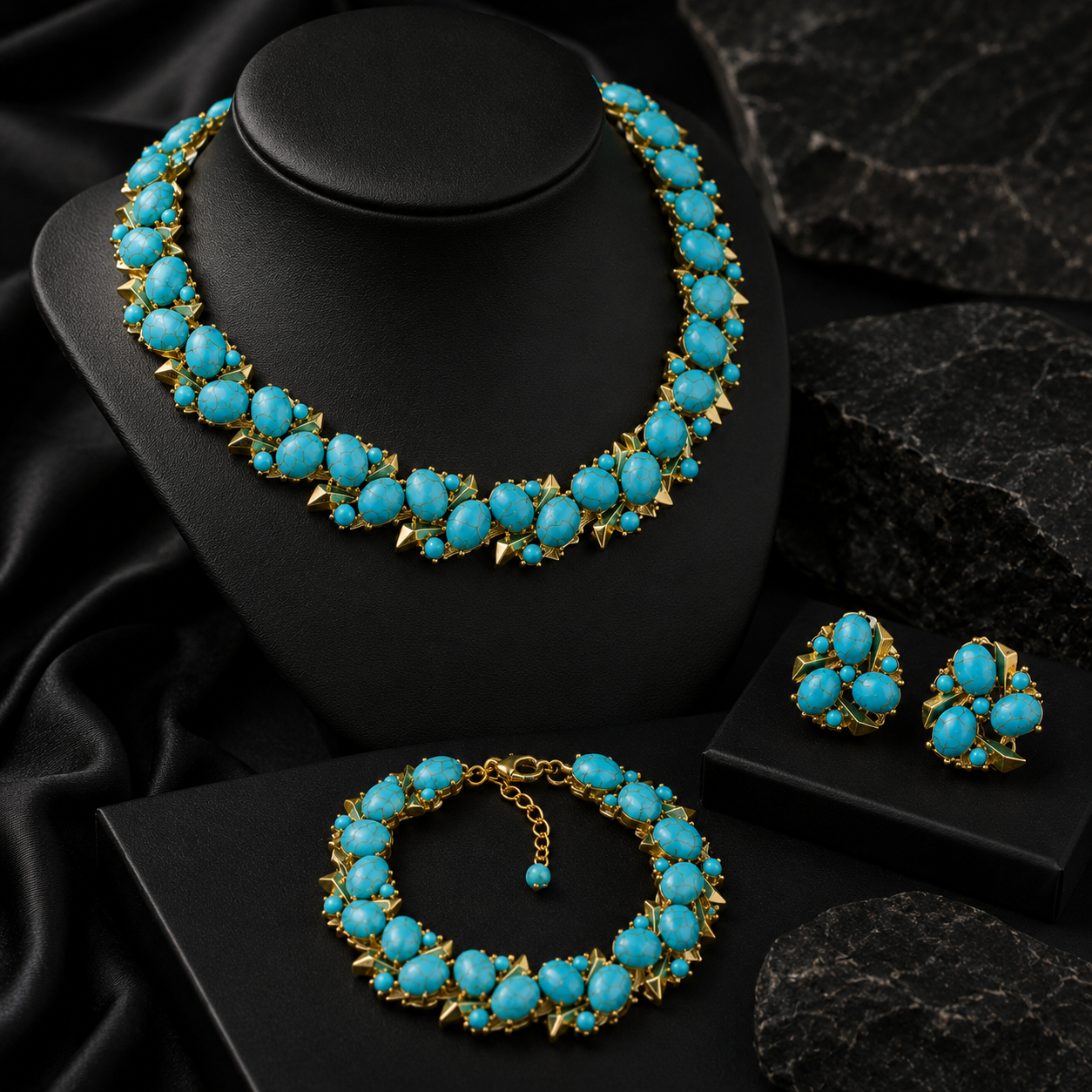 Parure de bijoux de luxe Collier Boucles d'oreilles Bracelet Perles Turquoise