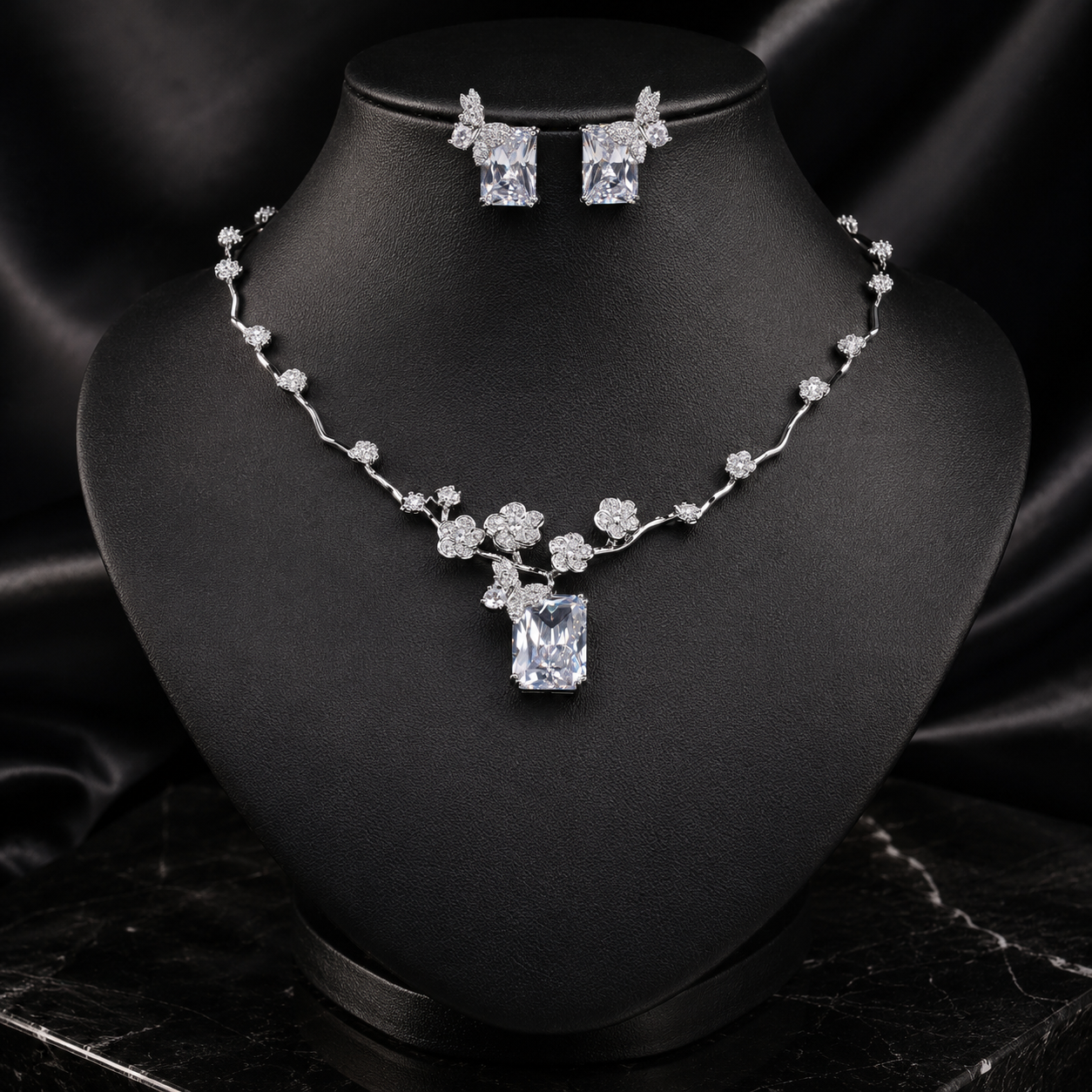 Luxury Green Crystal Flower Necklace and Earrings Jewelry Set