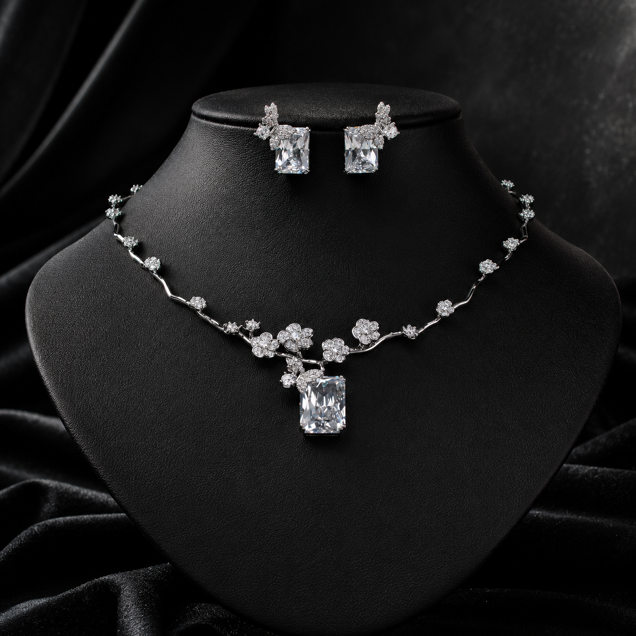 Luxury Green Crystal Flower Necklace and Earrings Jewelry Set