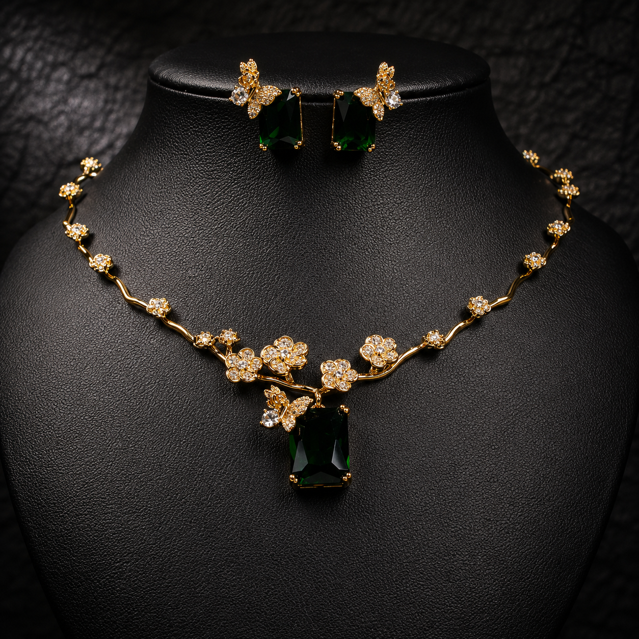 Luxury Green Crystal Flower Necklace and Earrings Jewelry Set