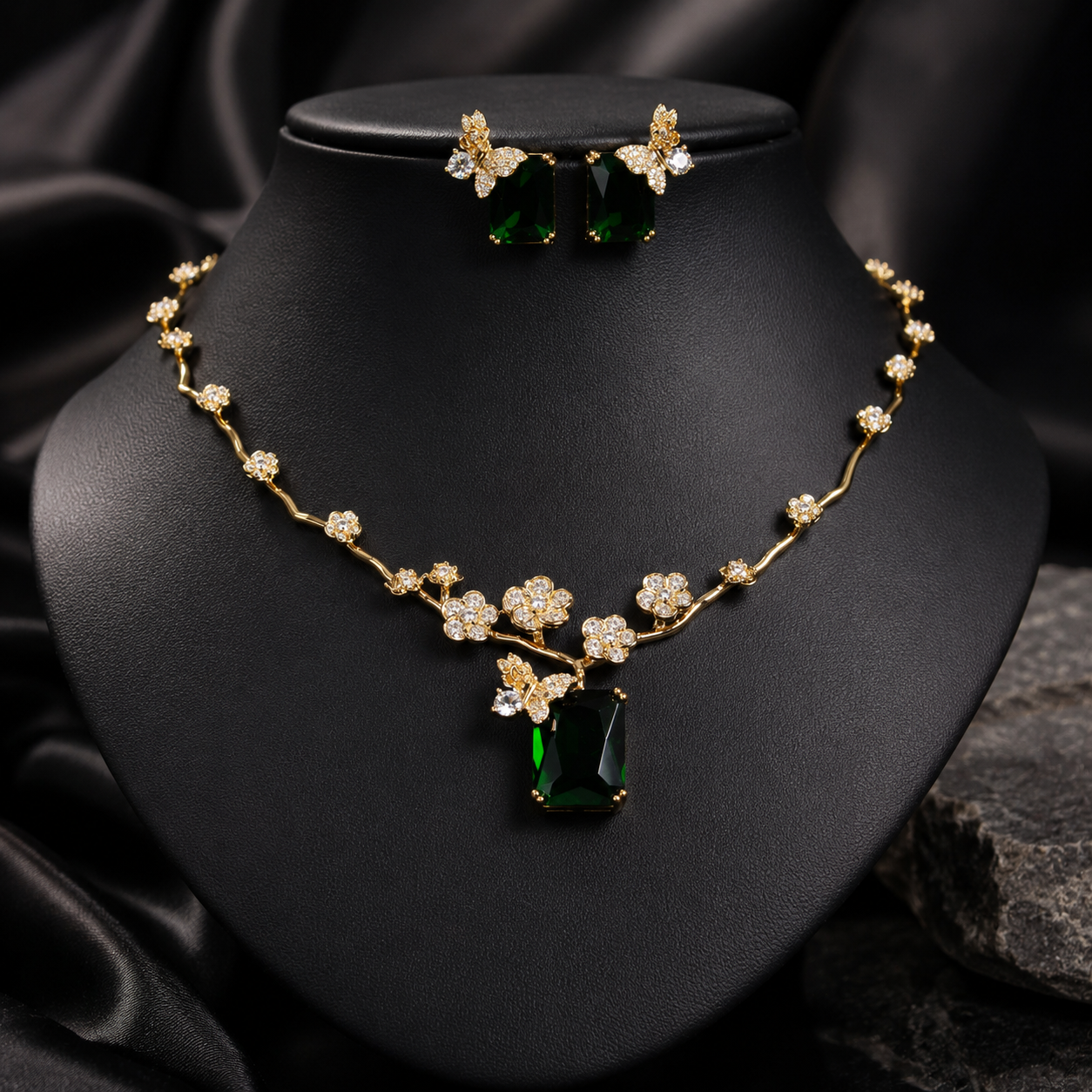 Luxury Green Crystal Flower Necklace and Earrings Jewelry Set