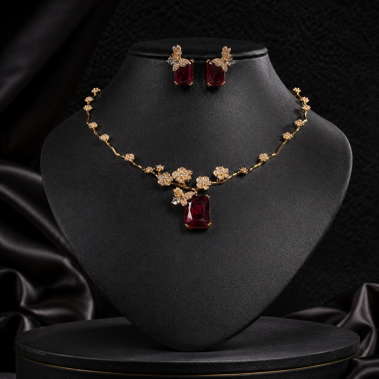 Luxury Green Crystal Flower Necklace and Earrings Jewelry Set