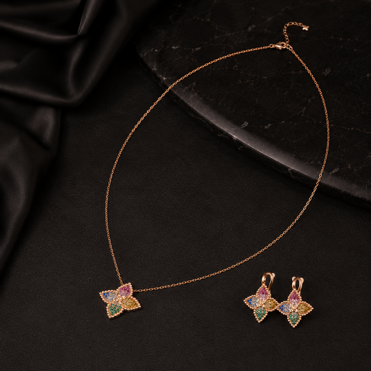 Luxury Multicolor Clover Pendant Necklace and Earrings Jewelry Set for Women