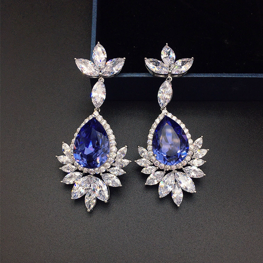 Luxury Sapphire Blue Crystal Floral Drop Earrings for Women
