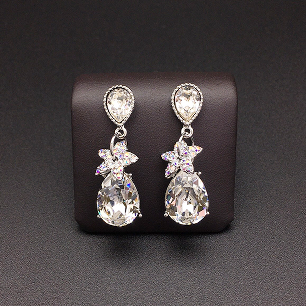 Elegant Clear Crystal Teardrop Earrings with Floral Accent