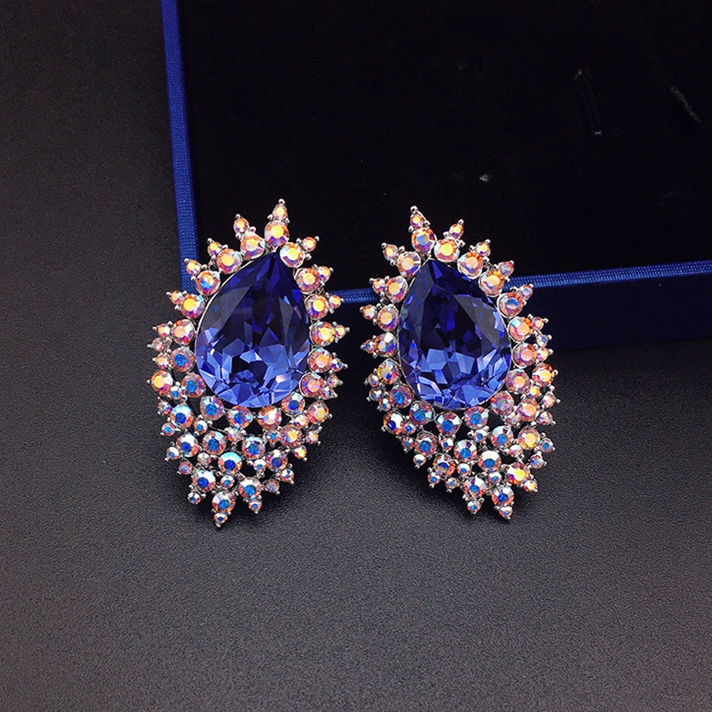 Luxury Royal Blue Crystal Earrings with Celestial Jewel Halo