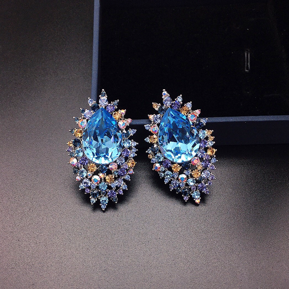 Luxury Royal Blue Crystal Earrings with Celestial Jewel Halo