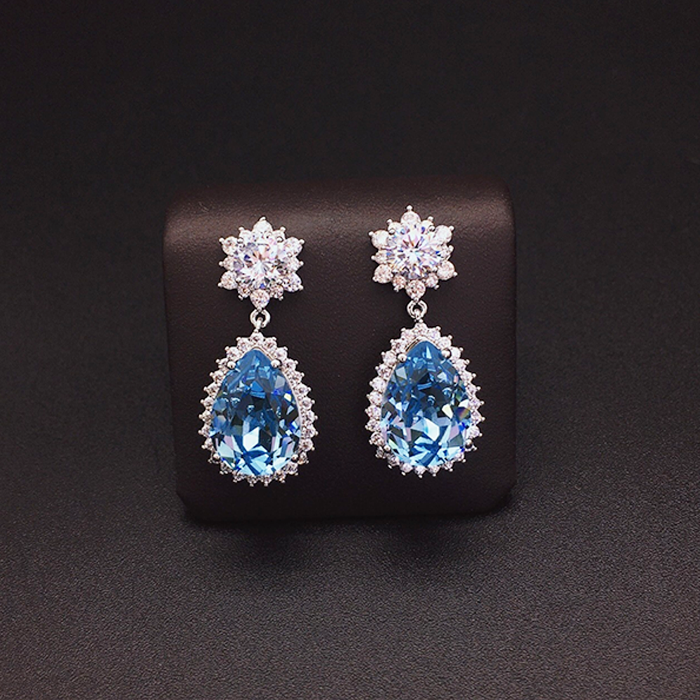 Luxury Ice Blue Crystal Floral Drop Earrings for Women
