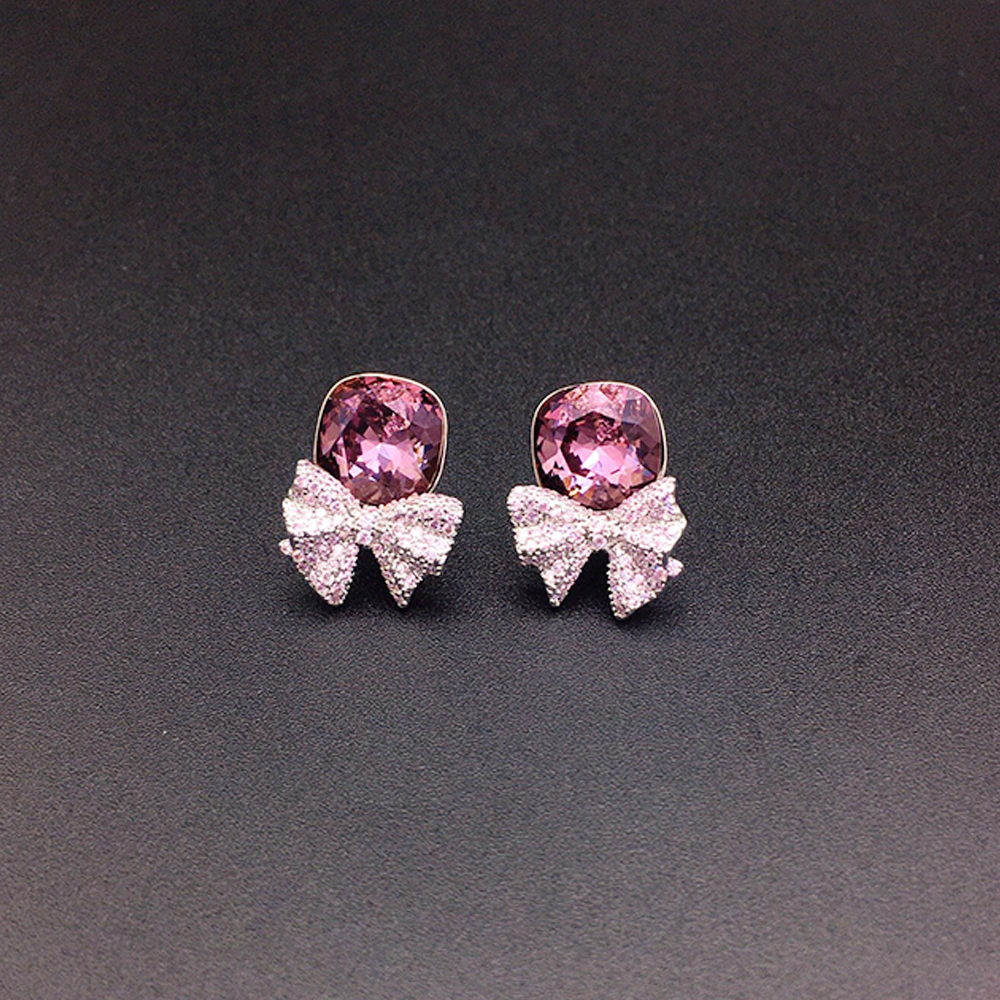 Rose Pink Crystal Bow Stud Earrings for Women