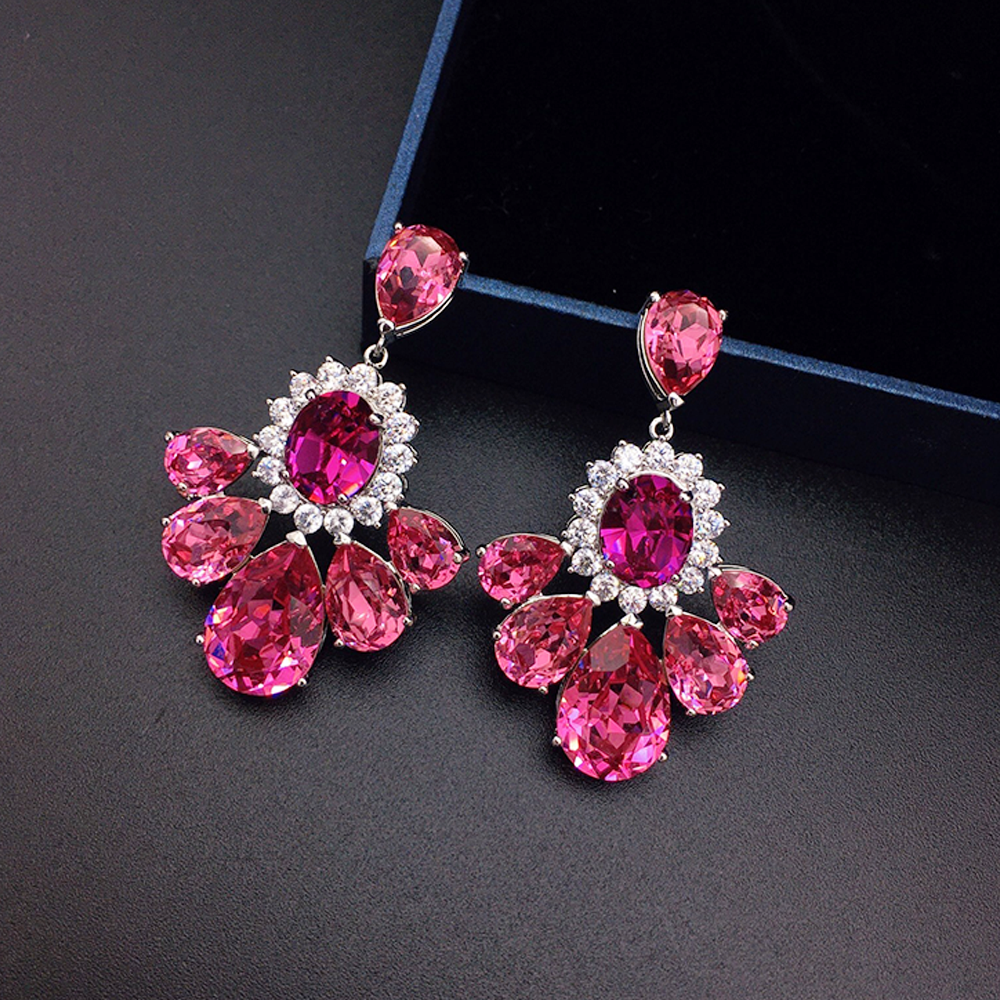 Luxury Aqua Blue Crystal Floral Cluster Drop Earrings for Women