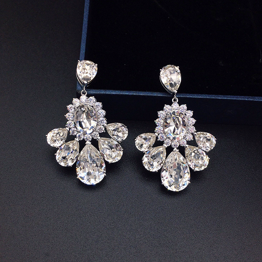 Luxury Aqua Blue Crystal Floral Cluster Drop Earrings for Women