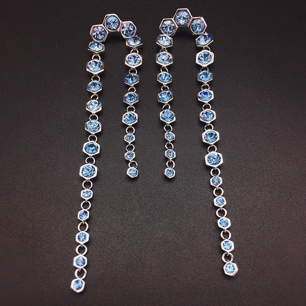 Luxury Blue Crystal Long Dangle Earrings for Women