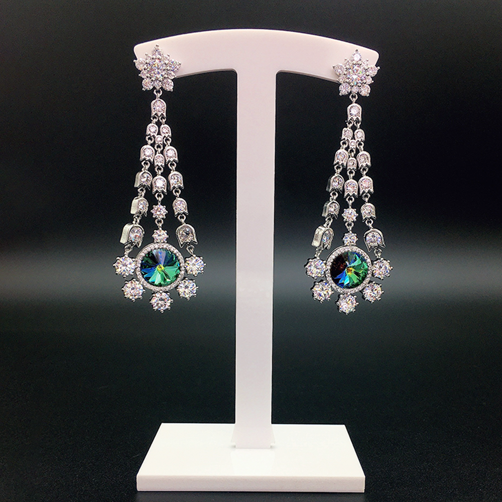 Luxury Blue Crystal Floral Tassel Chandelier Earrings for Women