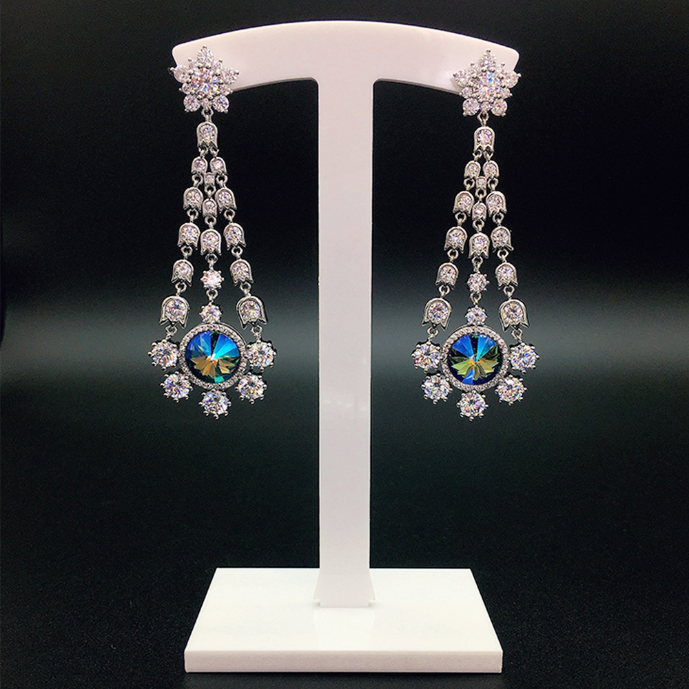 Luxury Blue Crystal Floral Tassel Chandelier Earrings for Women
