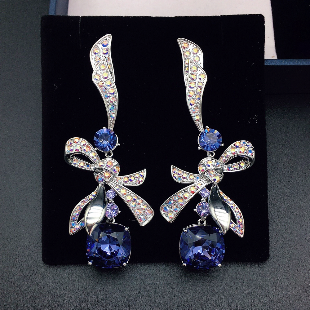 Elegant Navy Blue Crystal Bow Drop Earrings for Women