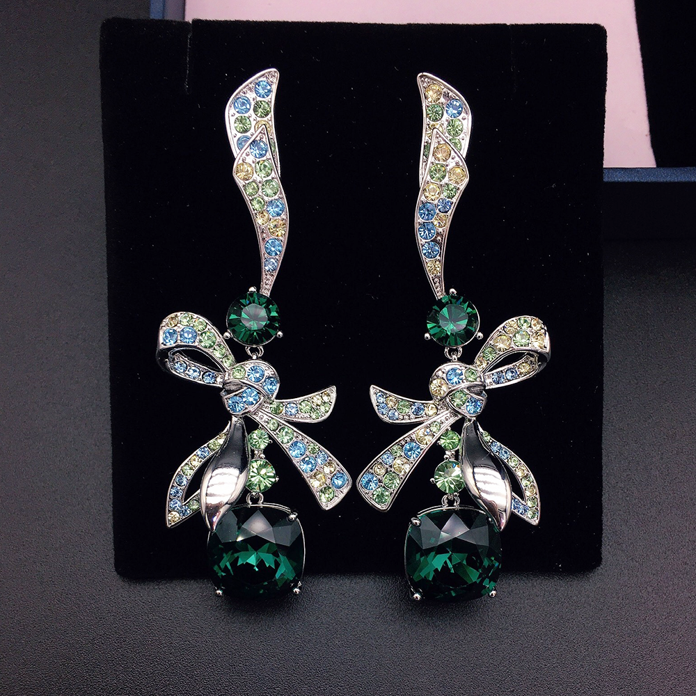Elegant Navy Blue Crystal Bow Drop Earrings for Women