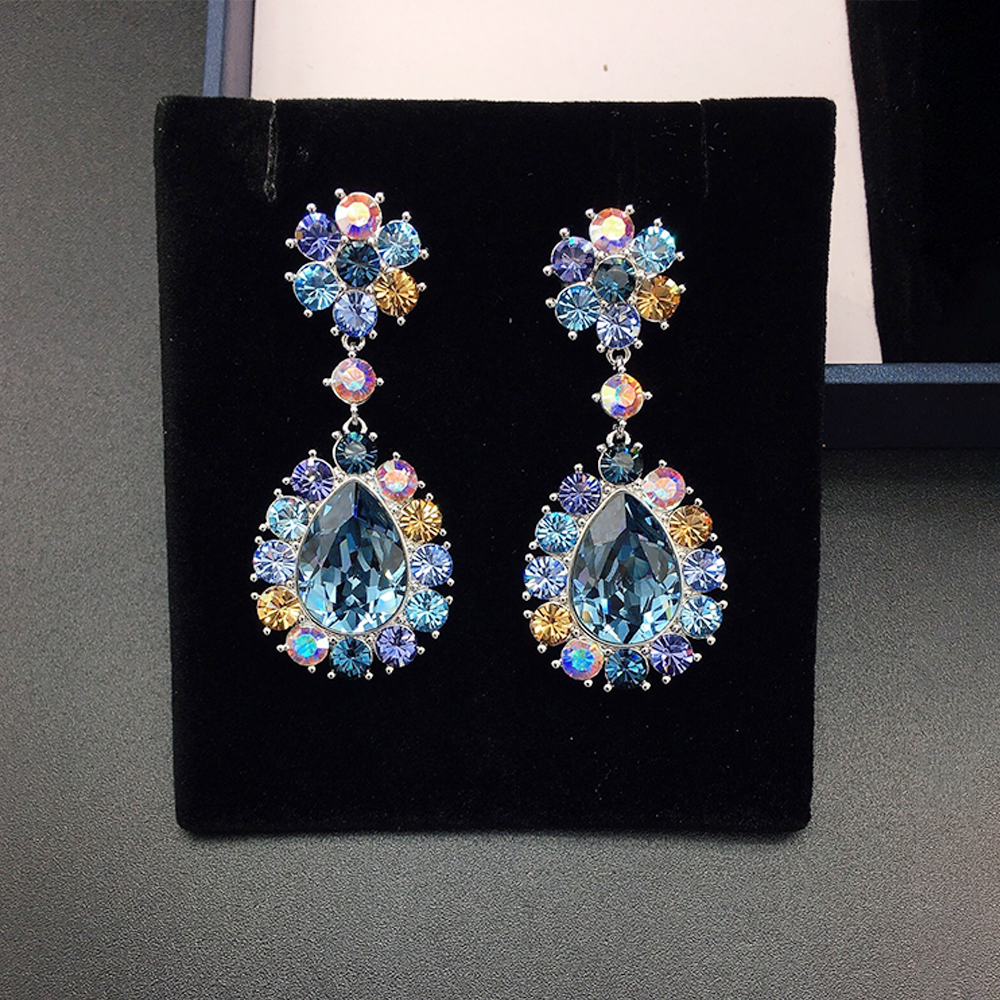Luxury Blue Teardrop Crystal Earrings with Multicolor Halo