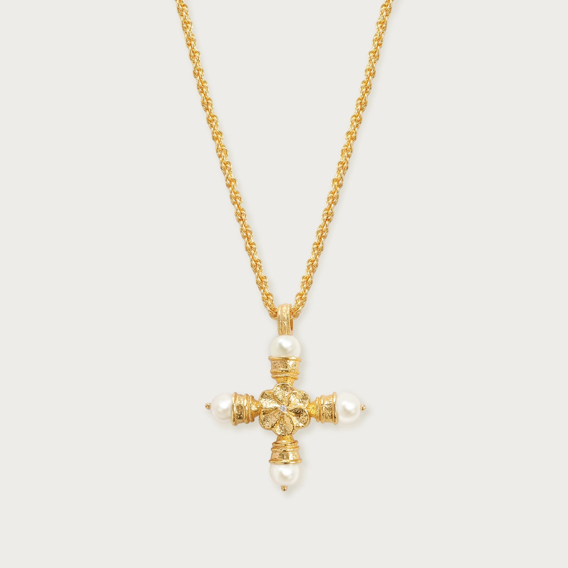 Medieval pearl zircon cross necklace