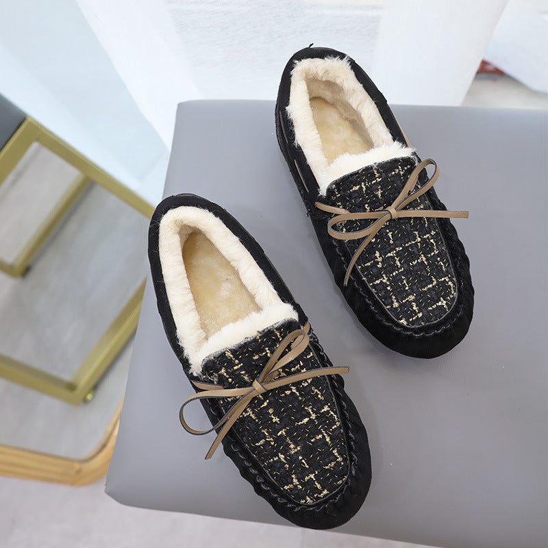 Fashion Large Size Fleece Bow Soft Sole Loafers