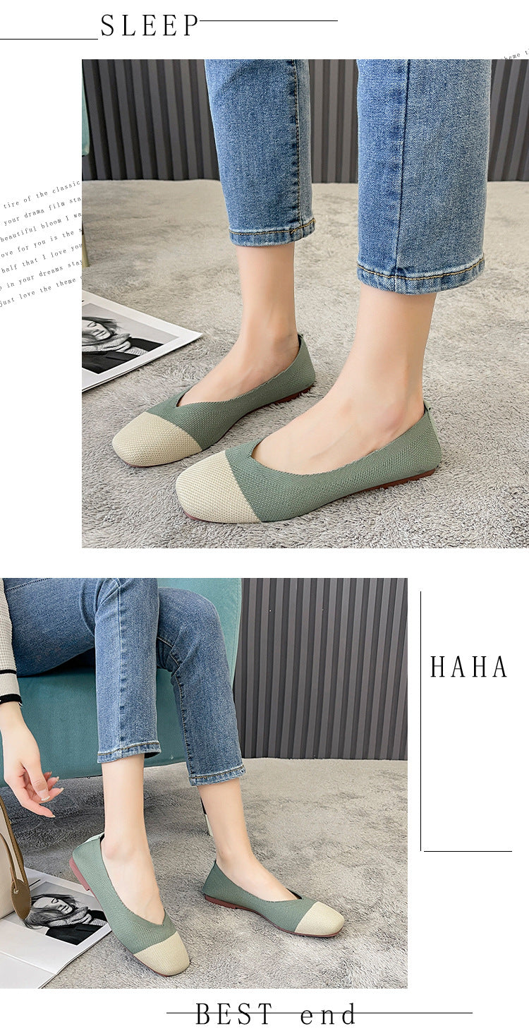 Fashion color matching woven square head flat bottom loafers