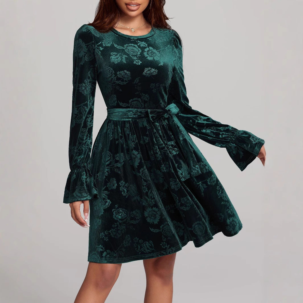 Green Velvet Print Long Sleeve Dress