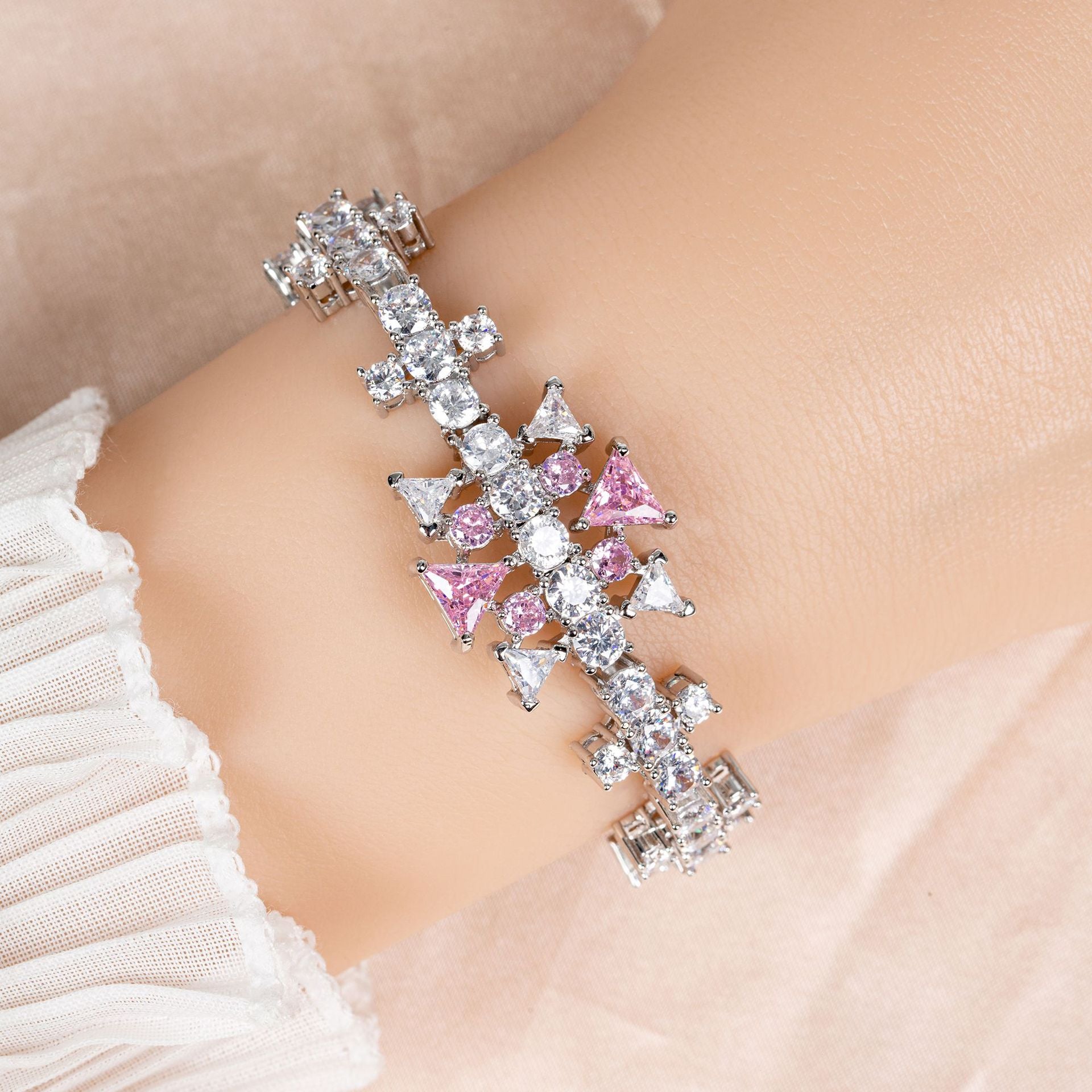 Luxury Pink and White Crystal Bracelet – Geometric Statement Jewelry for Women