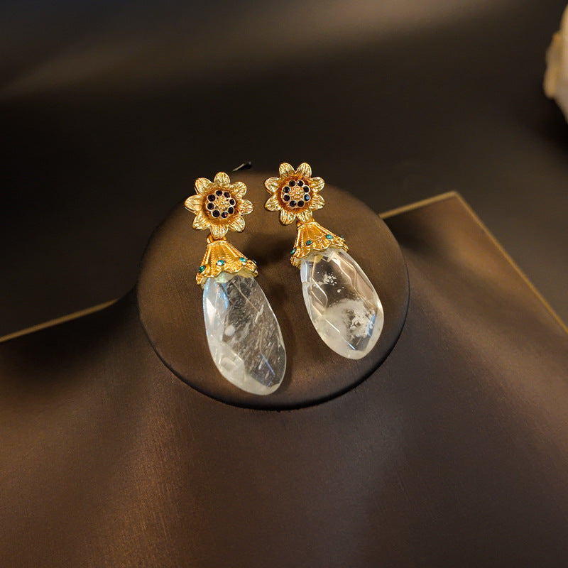 Ensemble collier, bracelet et boucles d'oreilles clous tournesol en diamant de pierre naturelle verte et cristal blanc