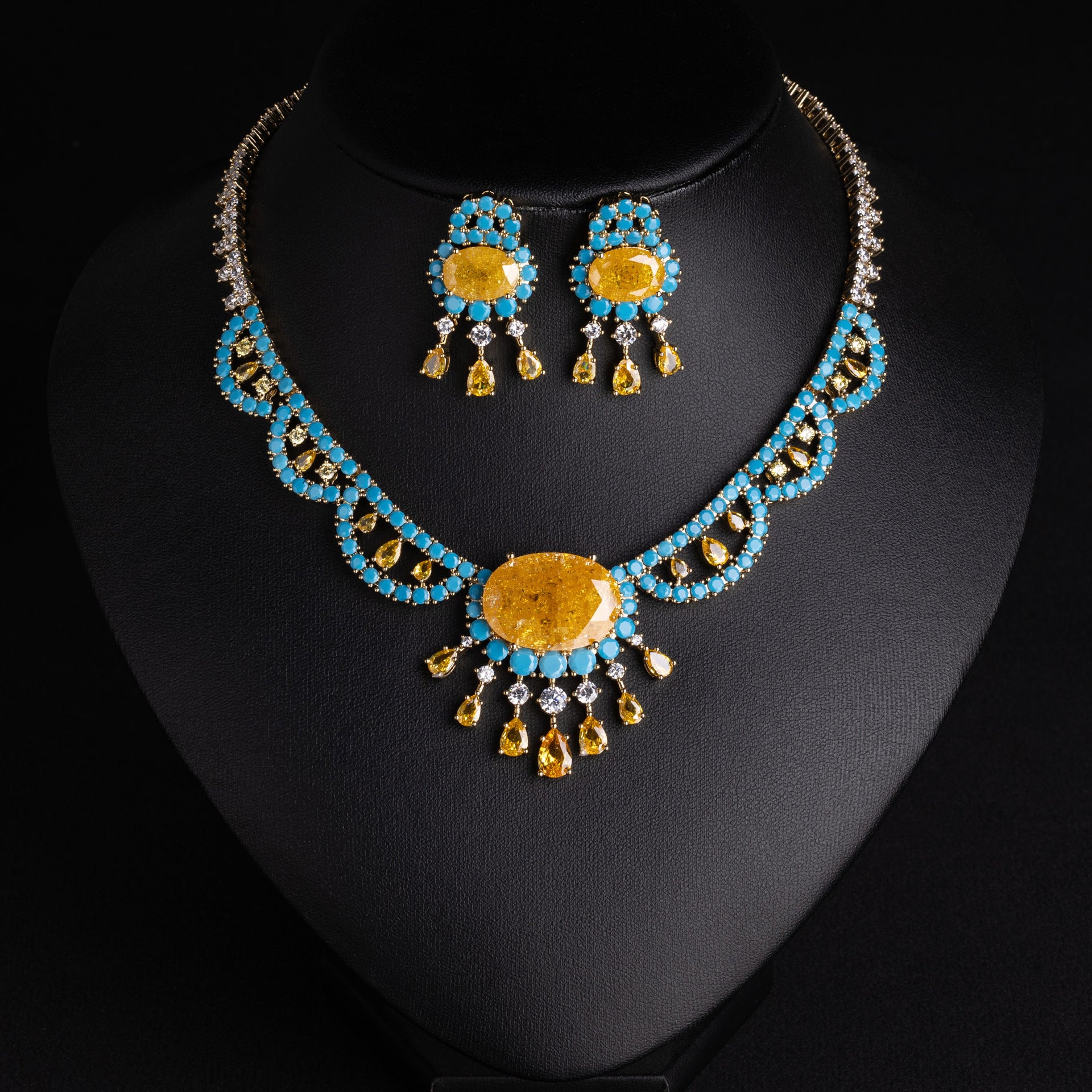 Elegant Turquoise and Yellow Gemstone Jewelry Set – Gold Necklace Earrings
