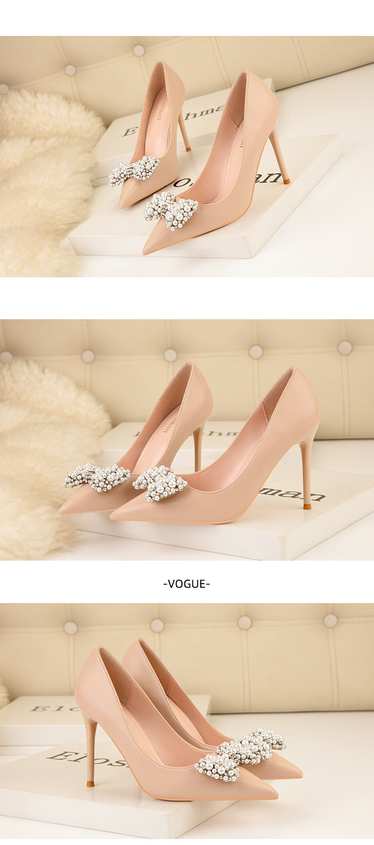 Fashion pointed pearl bow high heels