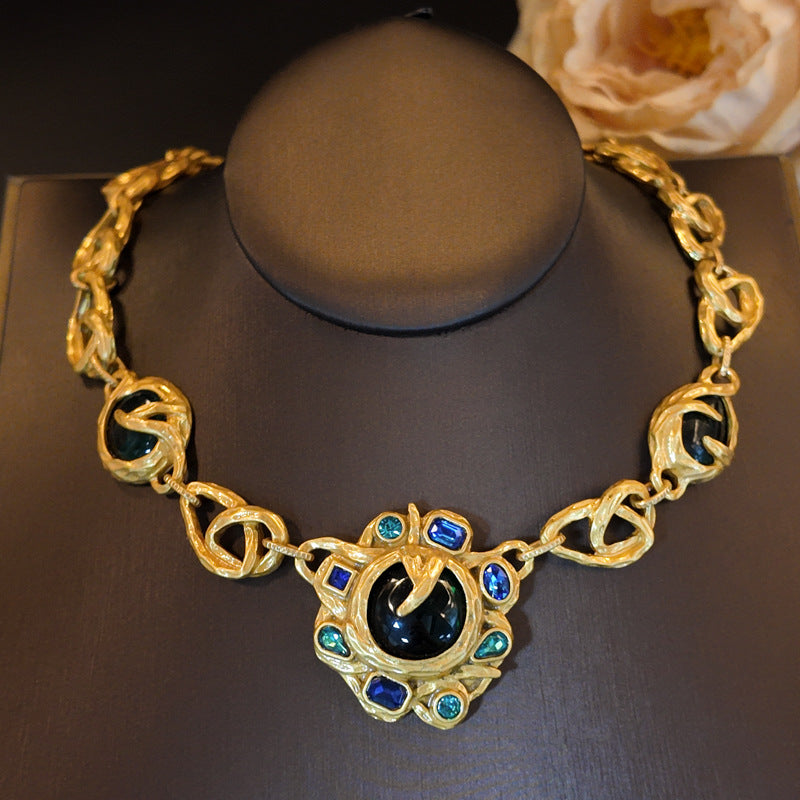 Vintage Blue Rhinestone Sunflower Necklace Set